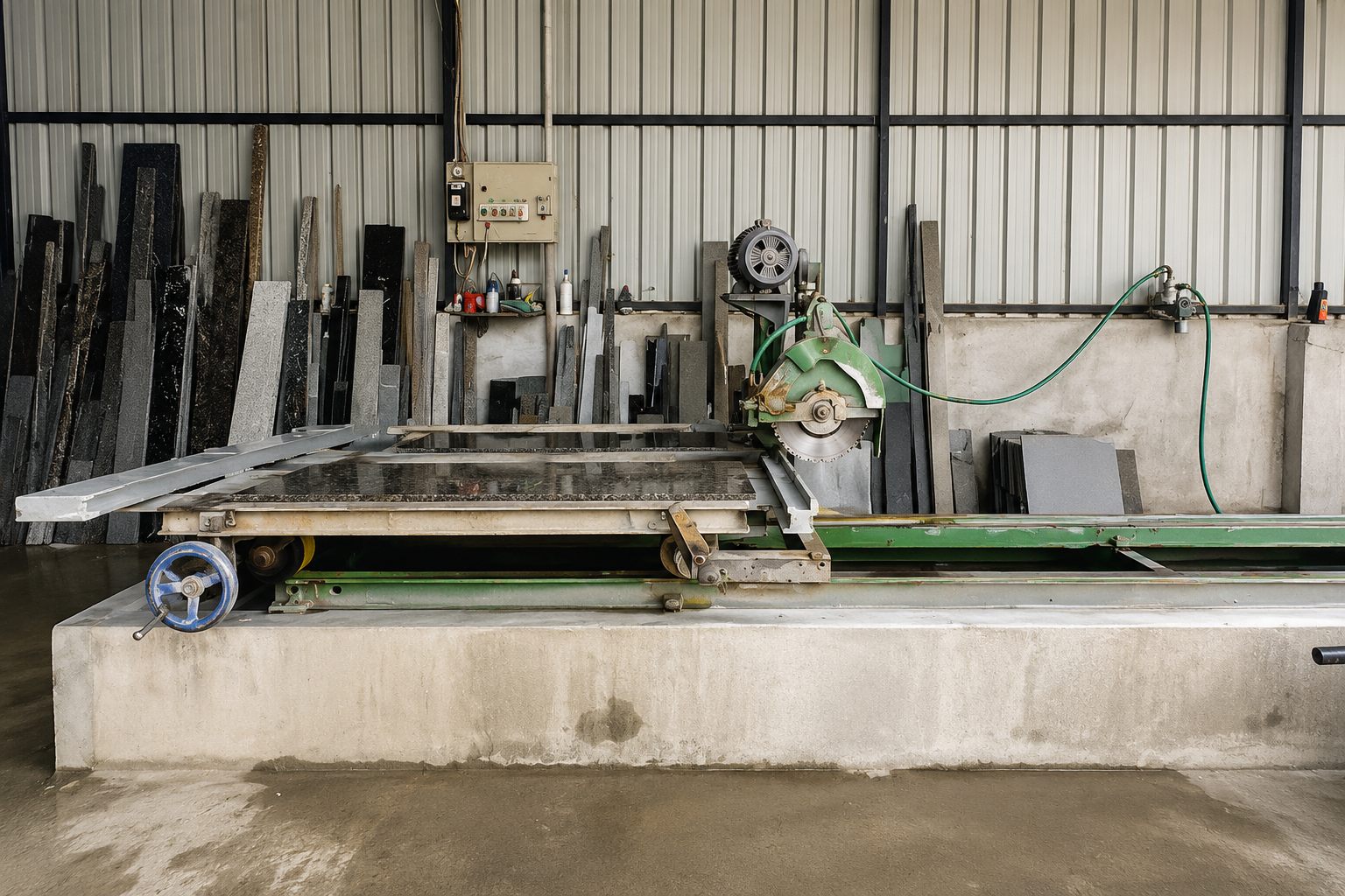 Precision stone cutting machine at the Saheb Stone and Tiles processing unit