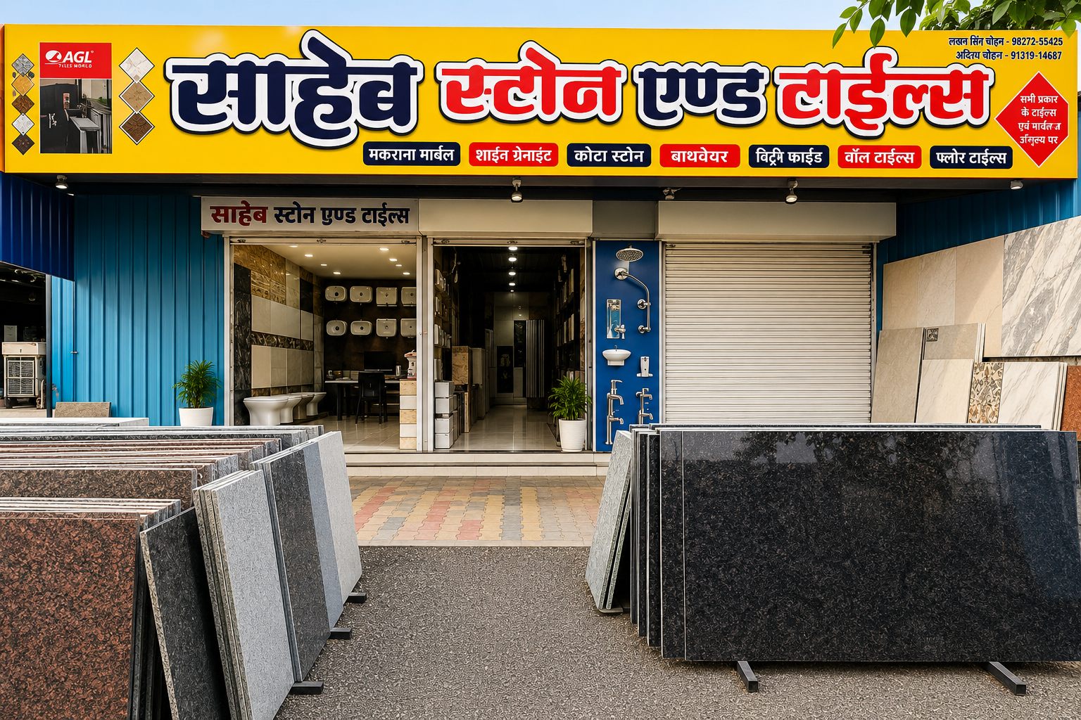 Saheb Stone and Tiles showroom in Indore with granite slabs and tile displays